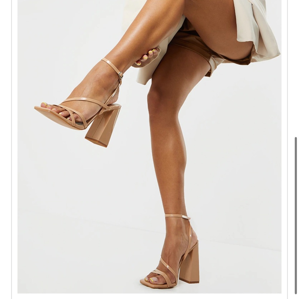 Nude Patent PU Square Toe Strappy High Block Heeled Sandals